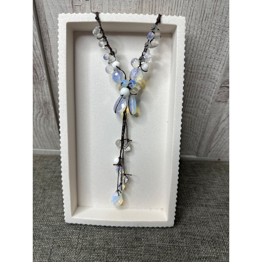 Maxamoo Floral Crystal Necklace Opalite & White Bead Design With Brown Cord